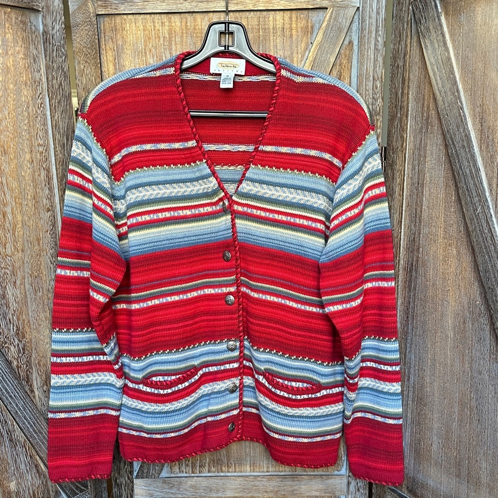 Talbots Petites Red Striped Button-Down  Cardigan Size Medium 100% Cotton